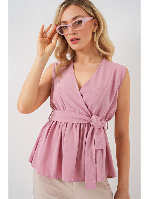 Bigdart Kadın Kruvaze Yaka Kolsuz Bluz 966 - Pudra - S000400044-23490