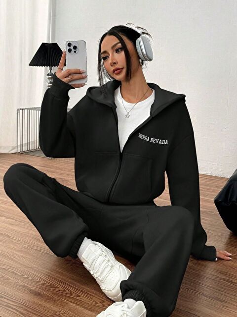 Trendseninle Kadın Siyah Sierra Baskılı Hırka Jogger Oversize Eşofman Takımı - S000481676-19351