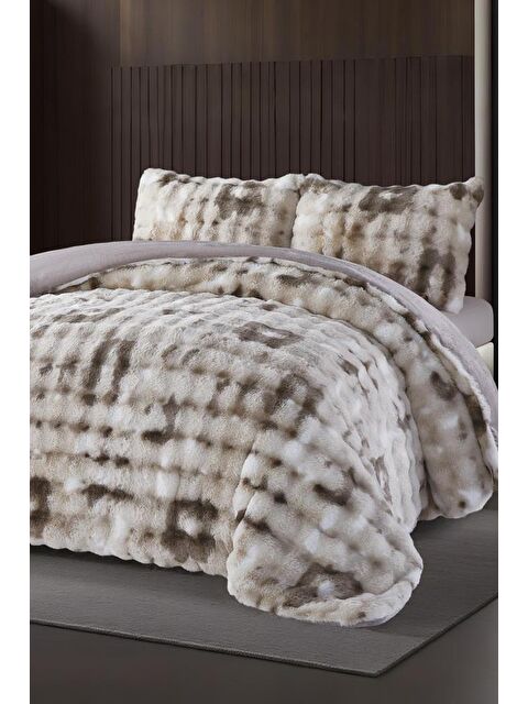 Çeyiz Diyarı Alvina Dama Tavşan Tüyü Çift Kişilik Yatak Örtüsü 220x240 Cm Kahve - S000490645-19413