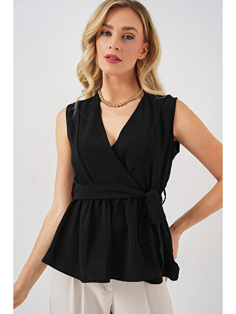 Bigdart Kadın Kruvaze Yaka Kolsuz Bluz 966 - Siyah - S000400044-19351