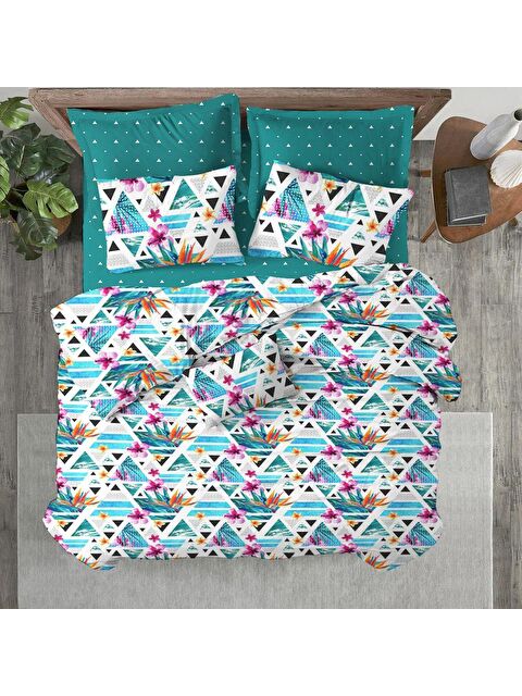 Evmila Geometrik Ve Çiçek Desen Baskılı Çift Kişilik 200x220 cm 2 Adet 50x70 cm Nevresim Takımı - Renkli - S000130713-23173