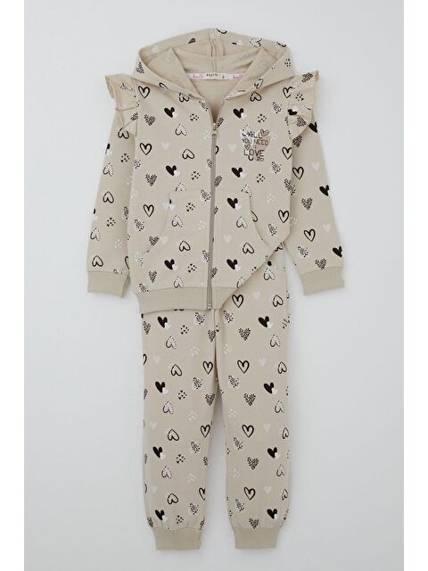 Breeze Kız Bebek Eşofman Takımı Kalp Desenli Omuzu Fırfır Detaylı Kapüşonlu Bej (9 Ay-3 Yaş) - S000505668-19928