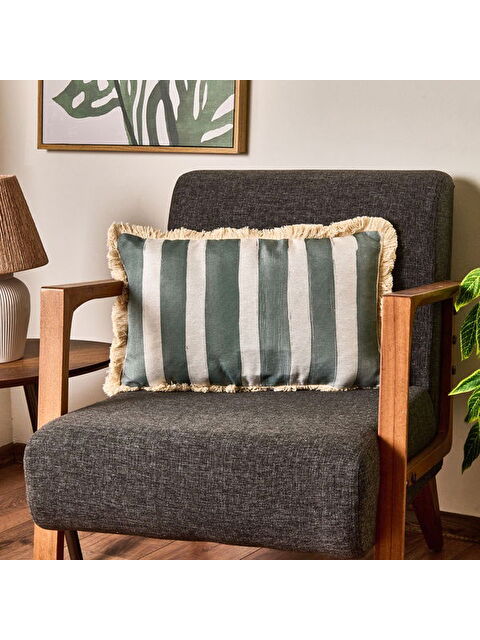 Evidea Soft Line Saçaklı Kırlent - Yeşil / Ekru - 35x55 cm - S000511721-6348