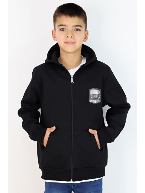 Breeze Erkek Çocuk Hırka Değişken Arma Baskılı Fermuarlı Cepli Siyah (8-10 Yaş) - S000505669-19351