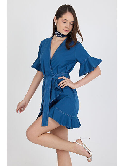 Rodi Kadın Kruvaze Önden Bağlamalı Kemerli Jean Görünümlü Elbise 1448 - S000400848-23093