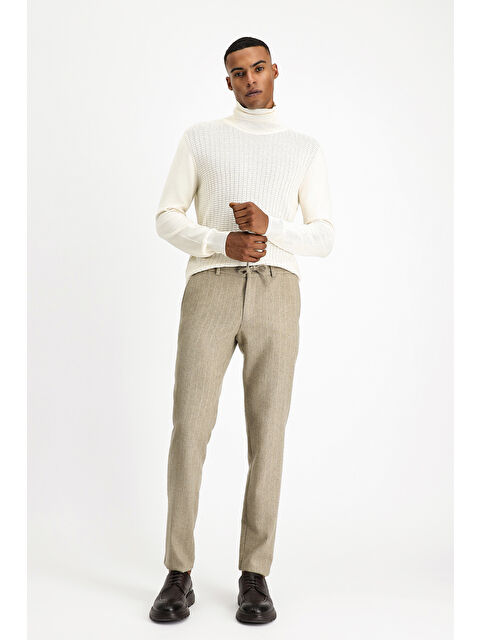 Kiğılı Slim Fit Dar Kesim Yünlü Beli Lastikli İpli Çizgili Klasik Kumaş Pantolon