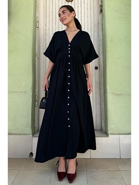 Madmext Siyah V Yaka Düğmeli Elbise Mg2339 - S000439998-19351