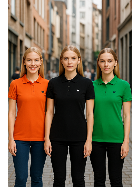 Comstar Kadın 3 Lü Paket Yazlık Basic Düz Polo Yaka Tişört