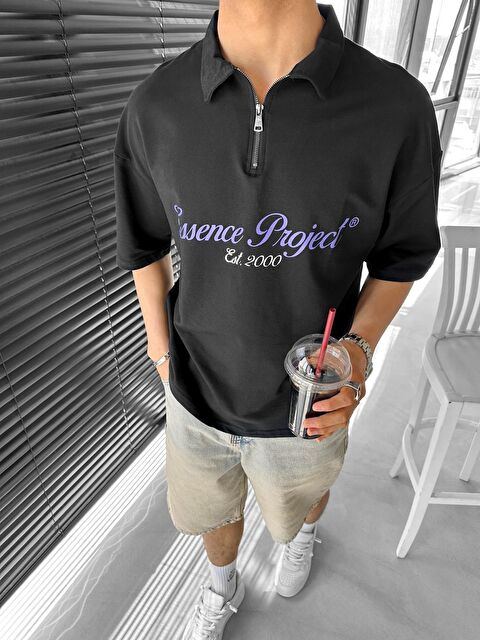Abluka Online Oversize Fermuarlı Polo Yaka Baskılı Erkek Tişört - S000187047-19351