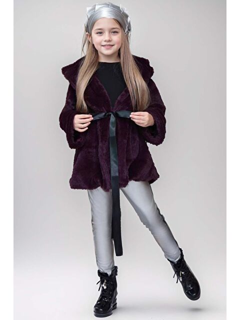 Riccotarz Kız Çocuk Penye Kazak ve Deri Taytlı Kuşak Detaylı Jarse Bordo Kürklü Kaban - S000317336-19951