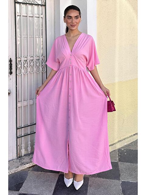Madmext Pembe V Yaka Düğmeli Elbise Mg2339 - S000439998-20024