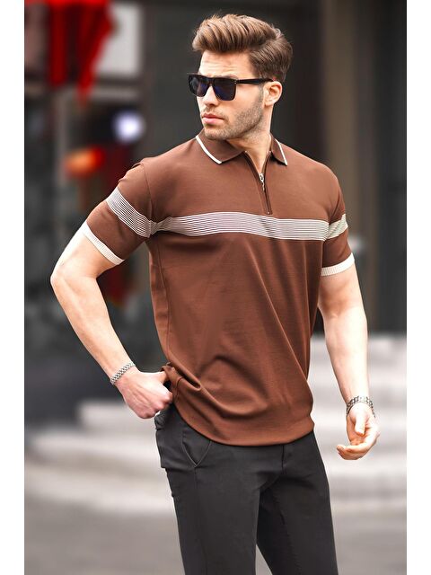 Madmext Kahverengi Fermuar Detaylı Polo Yaka Erkek Tişört 6879 - S000177882-19413