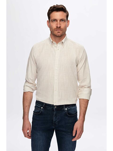 D'S damat Ds Damat Slim Fit Bej Keten Görünümlü Gömlek