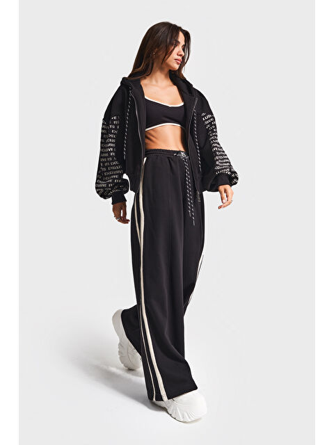 It's Basic Kadın Siyah Renk w5-1 Örme Kumaş Büstiyer Polar ve Alt Eşofman 3'lü Tasarım Takım - S000448811-19351