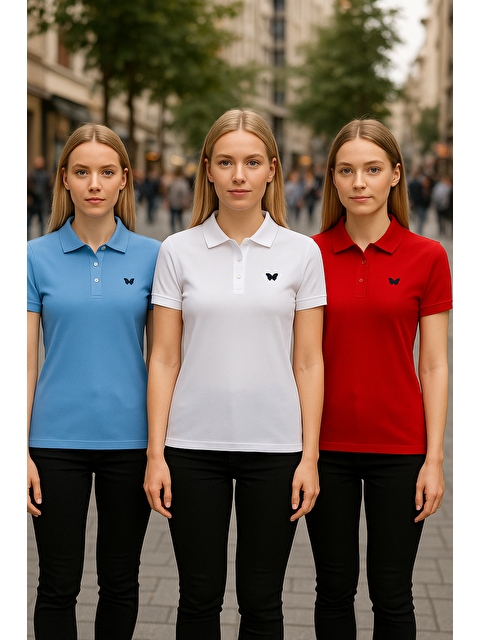 Comstar Kadın 3 Lü Paket Yazlık Basic Düz Polo Yaka Tişört