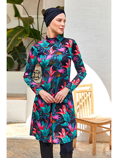 Rozamay Elastanlı Tam Kapalı Tesettür Mayo Desenli 3109 Siyah - S000407525-19351