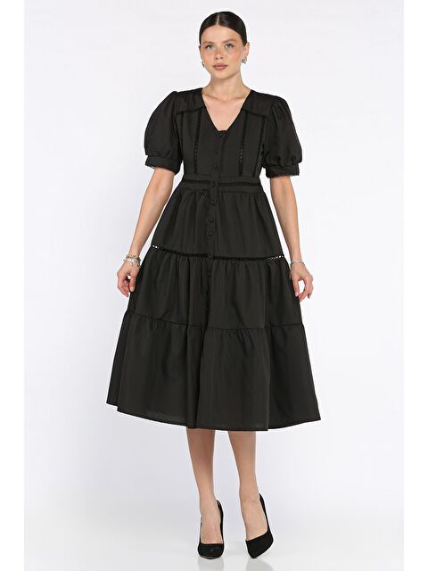 Gülseli Kadın Boydan Düğmeli V Yaka Fırfırlı Balon Kol Elbise - S000399301-19351