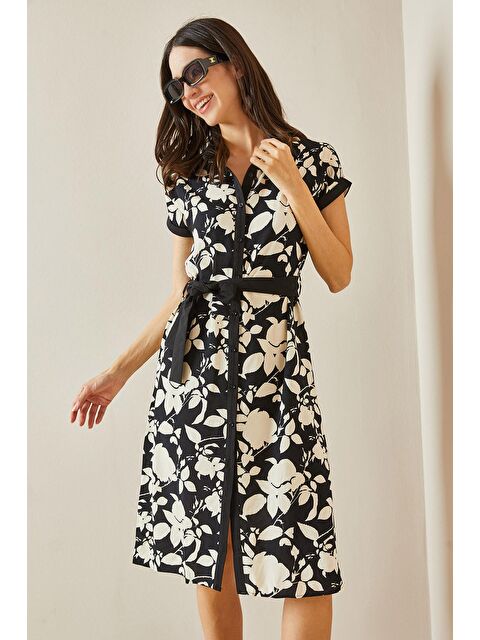 Xhan Siyah Polo Yaka Desenli Midi Elbise 5YXK6-48638-02 - S000211680-19351