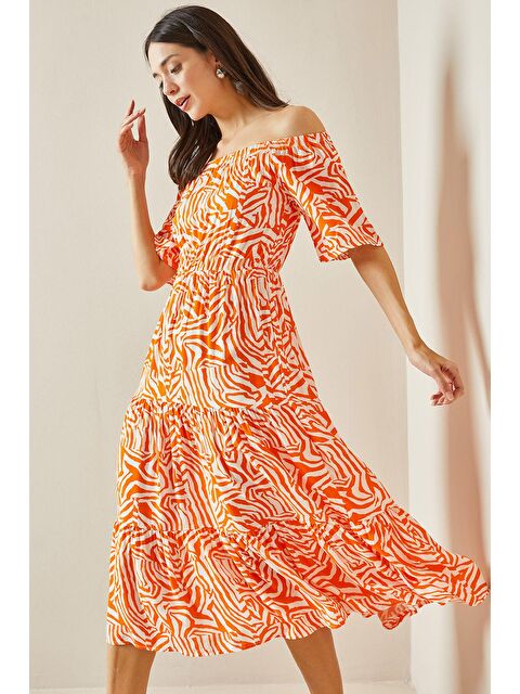 Xhan Turuncu Degaje Yaka Desenli Midi Elbise 5YXK6-48653-11 - S000211677-20013