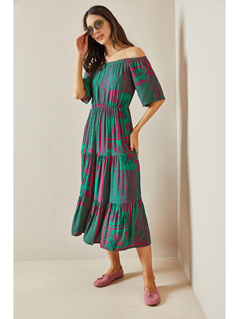 Xhan Fuşya Degaje Yaka Desenli Midi Elbise 5YXK6-48652-07 - S000211678-18686