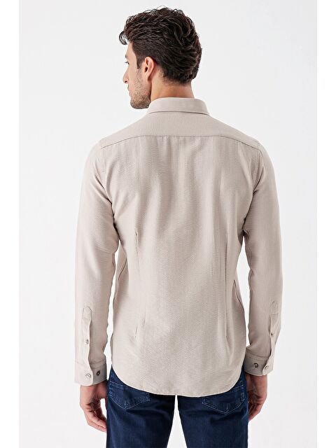 İMZA Açık Bej Uzun Kollu Çizgili Gofreli Cepsiz Klasik Slim Fit Dar Kesim Gömlek 1004230233 - S000348188-19927