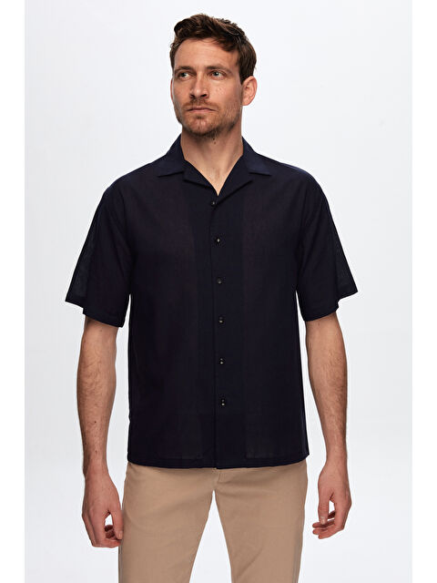 D'S damat Ds Damat Relaxed Lacivert Düz Pamuklu Keten Görünümlü İzci Yaka Yazlık Gömlek