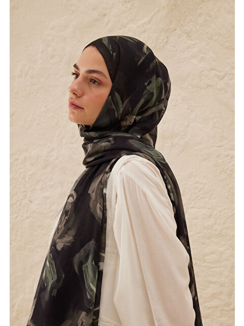 Fresh Scarfs Summer Rose Desen Rami Şal Siyah - S000458290-19351