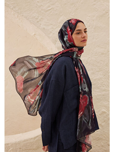 Fresh Scarfs Summer Rose Desen Rami Şal Lacivert - S000458290-21164