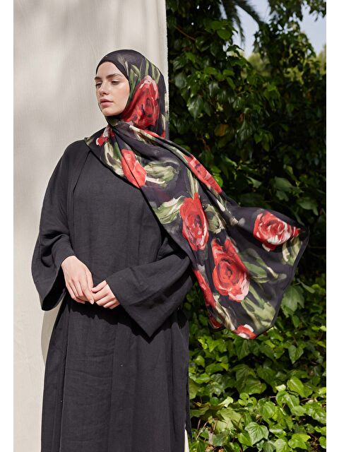Fresh Scarfs Summer Rose Desen Rami Şal Kırmızı - S000458290-20045