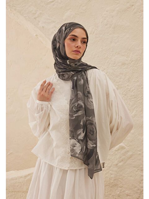 Fresh Scarfs Summer Rose Desen Rami Şal Gümüş - S000458290-18105