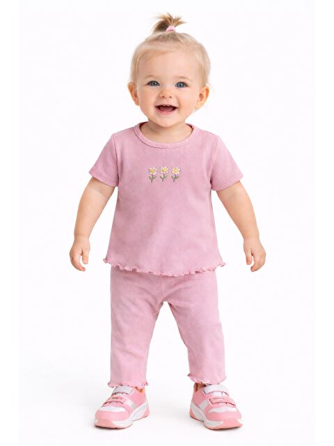 Chicsy Baby Çiçek Nakışlı Fırfır Detaylı Kız Bebek 2’li Takım