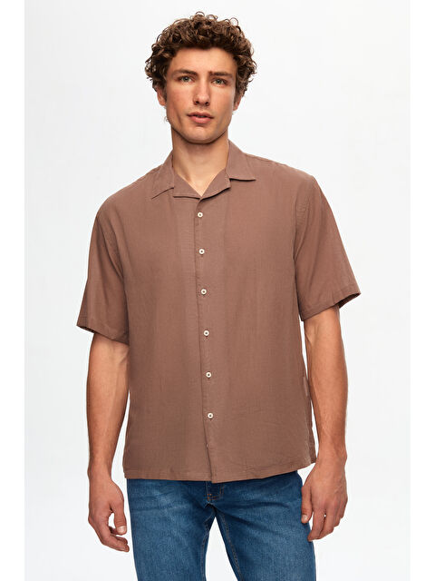 D'S damat Ds Damat Relaxed Kahverengi Düz Pamuklu Keten Görünümlü İzci Yaka Yazlık Gömlek