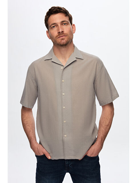 D'S damat Ds Damat Relaxed Gri Düz Pamuklu Keten Görünümlü İzci Yaka Yazlık Gömlek