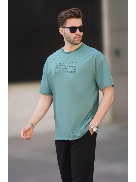 Madmext Yeşil Overfit Bisiklet Yaka Sırt Baskılı Kısa Kollu Erkek %100 Pamuk Tişört 7037 - S000219807-18194