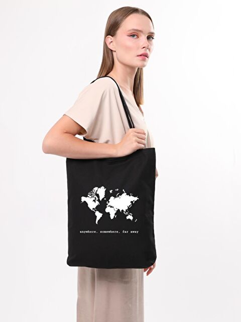 Bagg Anywhere Somewhere Baskılı Siyah Kanvas Çanta - S000149194-19351