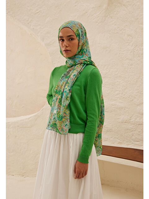 Fresh Scarfs Tıny Bouquet Desen Rami Şal Okyanus - S000458292-17234
