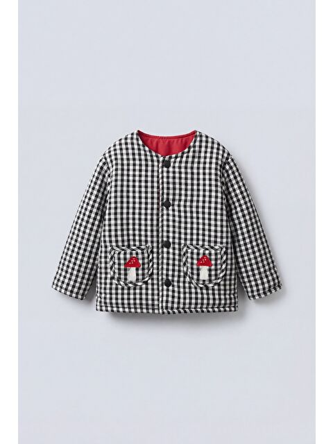 Magu Unisex Çocuk Pamuklu Siyah Beyaz Mantar Nakışlı Pötikare Ceket - Çıtçıt Detaylı - S000527989-20600