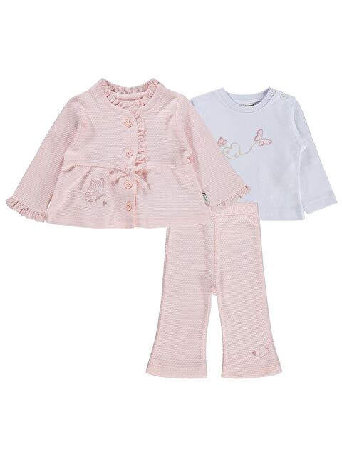Kumru Lüks Kelebek Nakışlı 3 lü Hırkalı 6-18 Ay Takım - Pembe 9-12 Ay - S000512703-20024