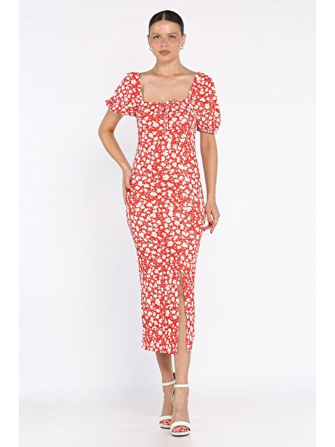 Gülseli Yırtmaçlı Balon Kol Kadın Desenli Elbise - S000399268-20045