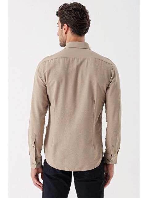 İMZA Bej Uzun Kollu Çizgili Gofreli Cepsiz Klasik Slim Fit Dar Kesim Gömlek 1004230233 - S000348188-19928