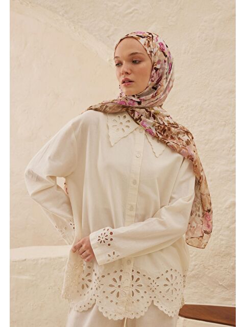 Fresh Scarfs Margarit Desen Rami Şal Sütlü Kahve - S000458293-4280