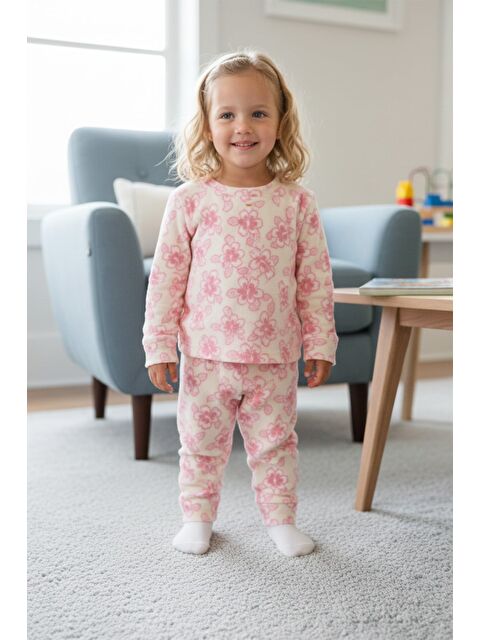 Fullamoda Çiçek Desenli Bisiklet Yaka Polar Kız Çocuk Pijama Takımı - S000527990-19928
