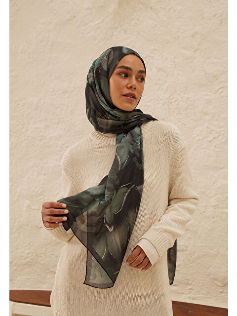 Fresh Scarfs Dark Garden Desen Rami Şal Siyah - S000458298-19351