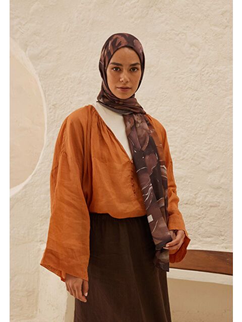 Fresh Scarfs Dark Garden Desen Rami Şal Tarçın Kabuğu - S000458298-19956