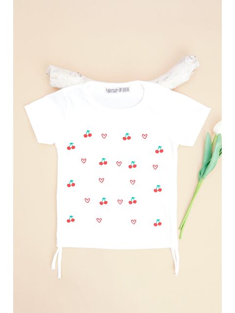 Fullamoda Kiraz Ve Kalp Nakışlı Yanları Büzgülü Kız Çocuk Tişört - S000527992-20063