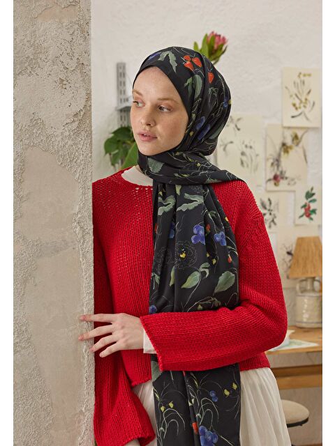 Fresh Scarfs Strawberry Desen Şal Siyah - S000458304-19351