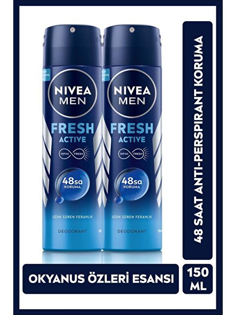 NIVEA Men Fresh Active Erkek Sprey Deodorant 150 ml x2 Adet, 48 Saat Anti-Perspirant Koruma - S000113308-26865