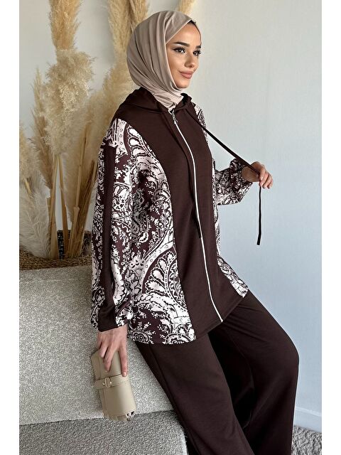 Julude Dijital Baskılı Kapüşonlu Tunik Bel Lastikli Pantolon Tesettür İkili Takım - S000491585-19413