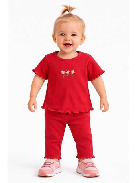 Chicsy Baby Çiçek Nakışlı Fırfır Detaylı Kız Bebek 2’li Takım