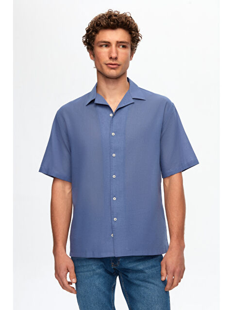 D'S damat Ds Damat Relaxed İndigo Düz Pamuklu Keten Görünümlü İzci Yaka Yazlık Gömlek